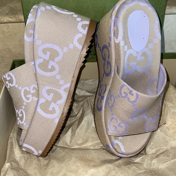 GUCCI GG Monogram Jumbo GG Platform Slide Wedge Sandals 40🎀🎁💝 AUTHENTIC 💖 - Picture 4 of 8